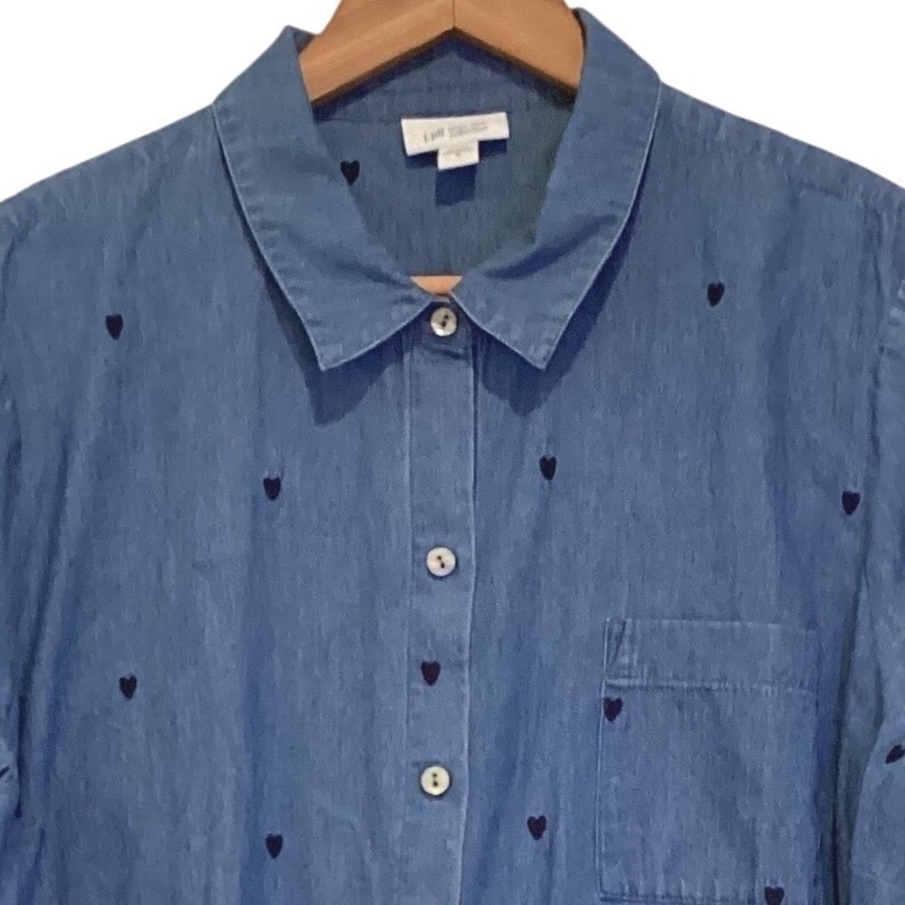 J. Jill More Love Collection Denim Heart Embroidered Button Down Shirt - Medium